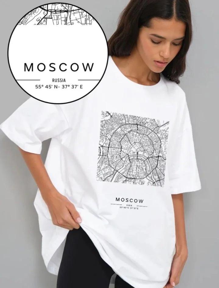 Футболка с картой города — Москва, Питер, любой